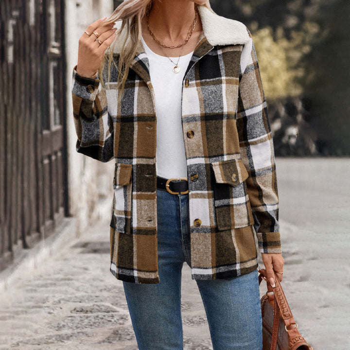 All Match Retro Style Brushed Lapel Plaid Coat For Women Super Amazing Store