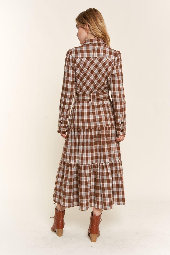 And the Why Plaid Tiered Midi Shirt Dress Trendsi