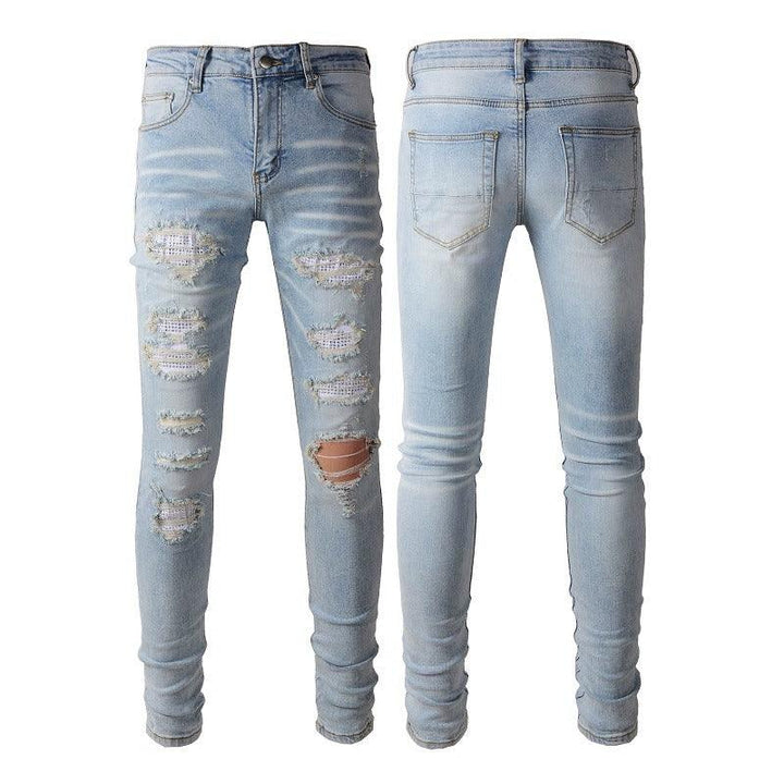 Light Colored Hot Diamond Patch With Holes In Elastic Tight Jeans For Men - Super Amazing Store