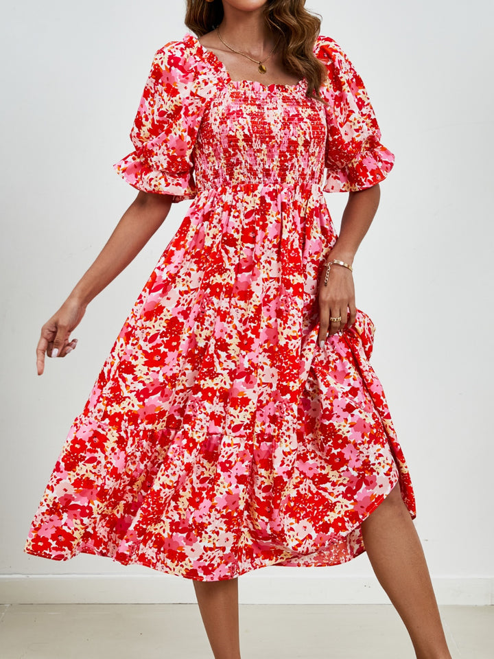 Smocked Floral Square Neck Short Sleeve Dress Trendsi