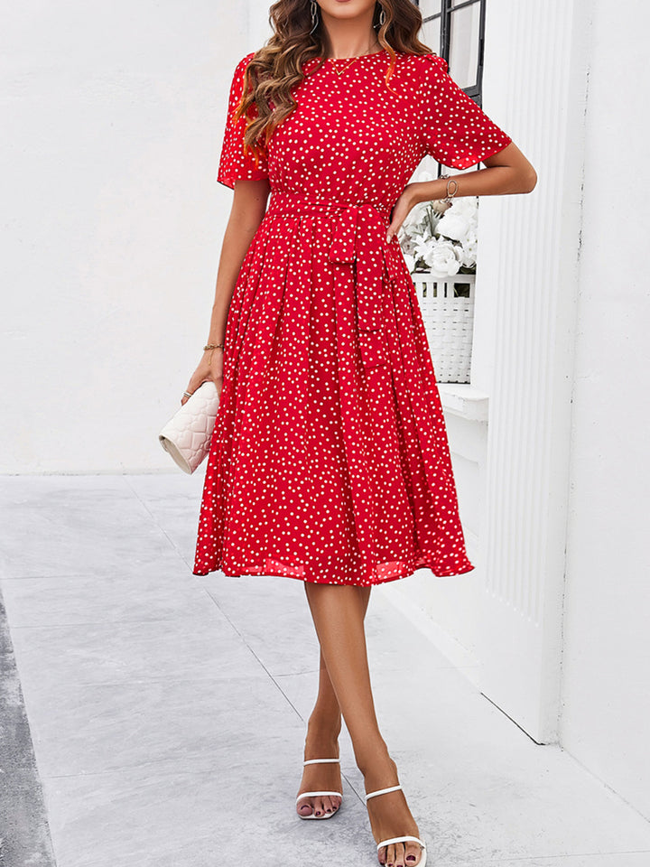 Printed Round Neck Short Sleeve Dress Trendsi