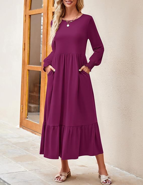 Women's Smocking Long Sleeve Round Neck Mid-length Dress Q2