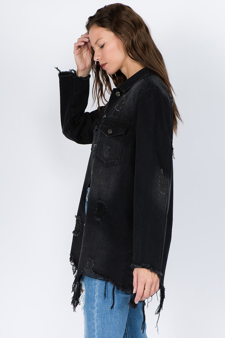 American Bazi Distressed Frayed Hem Denim Jacket Trendsi