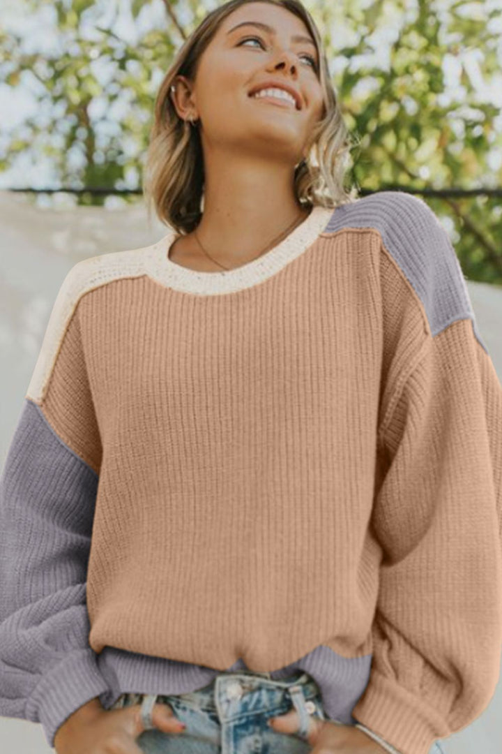 Color Block Round Neck Drop Shoulder Sweater Trendsi