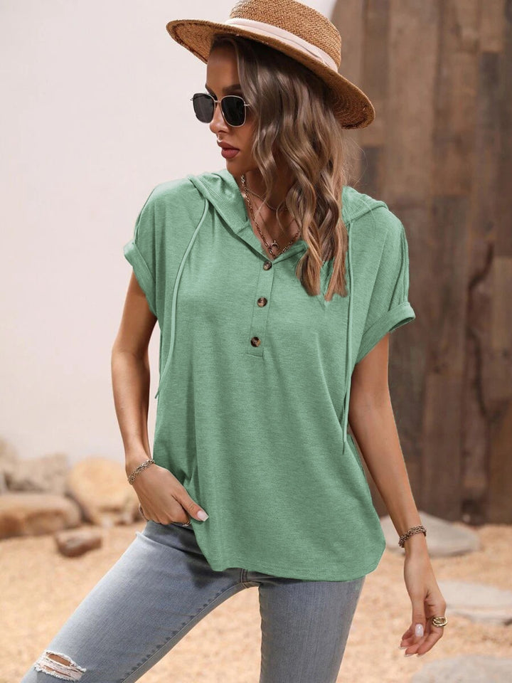 Half Button Hooded Short Sleeve Blouse Trendsi