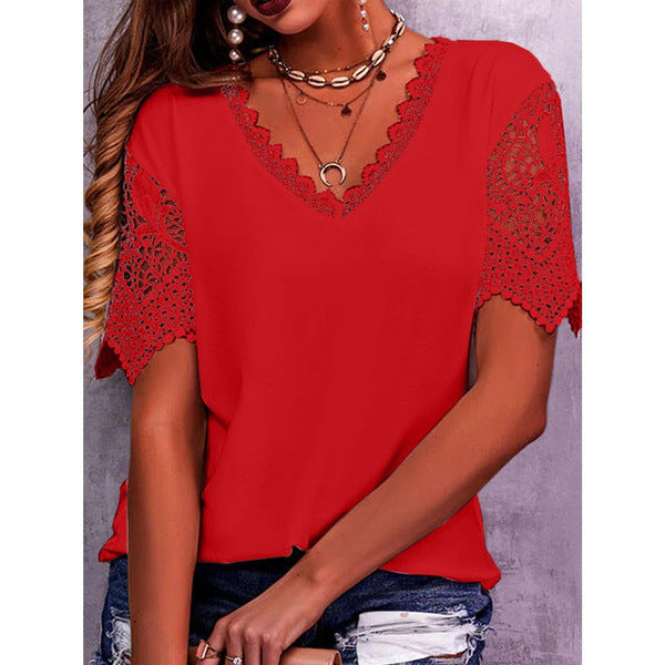 Lace Tops Women Summer Loose V Neck Short Sleeve Casual Shirts - Super Amazing Store