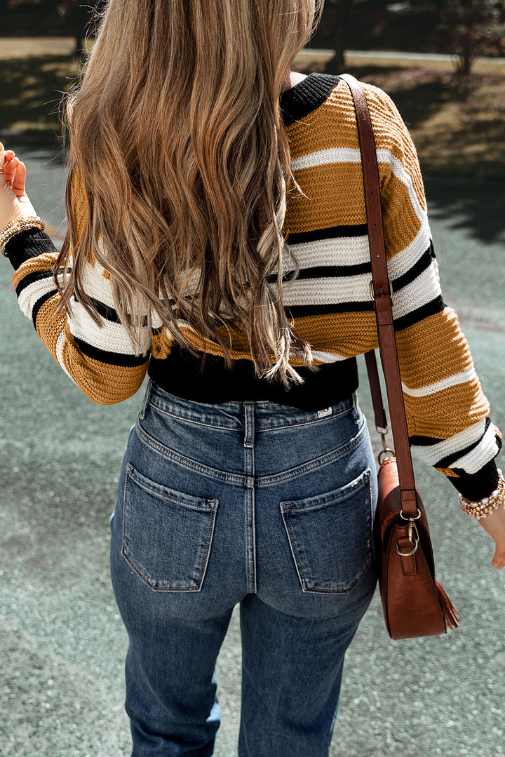 Contrast Stripes V Neck Long Sleeve Sweater Trendsi