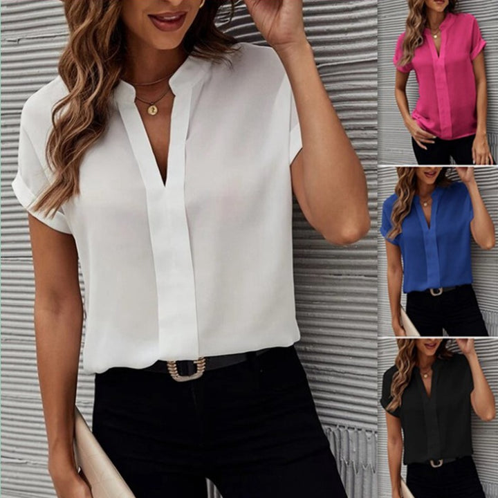 Women's Short-sleeved V-neck Shirt Summer Casual Solid Color Shirt Q2