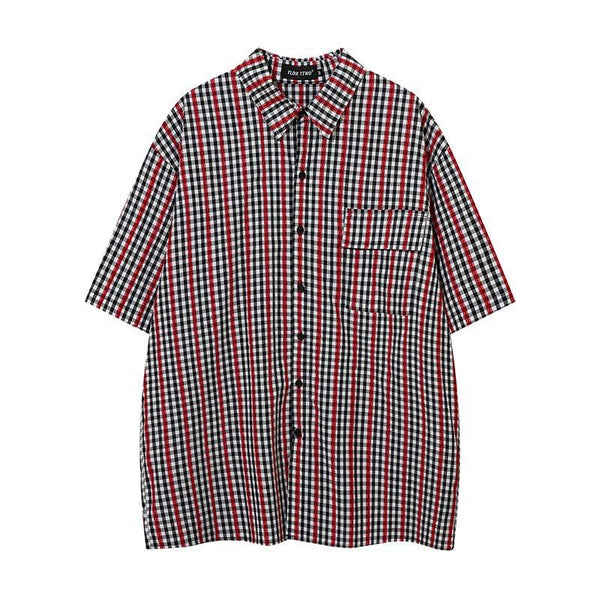 American Vintage Plaid Color Blocking Print Short-sleeved Shirt Men - Super Amazing Store