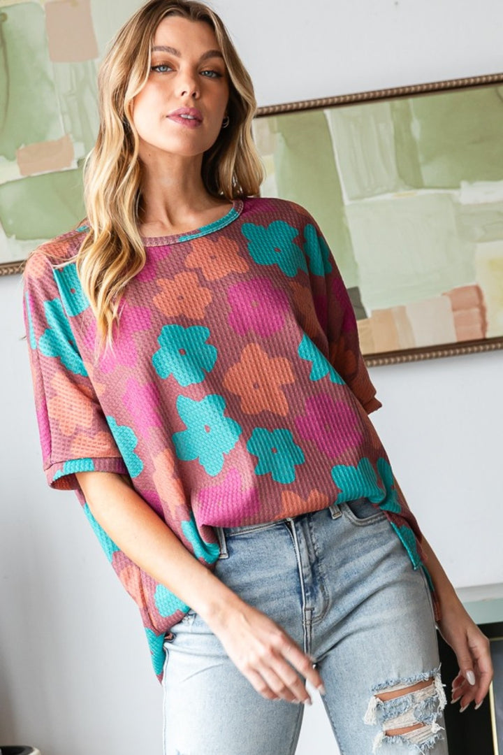 HOPELY Full Size Floral Round Neck Side Slit T-Shirt Trendsi