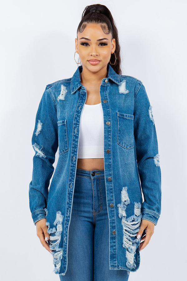 American Bazi Distressed Button Up Long Sleeve Denim Jacket Trendsi