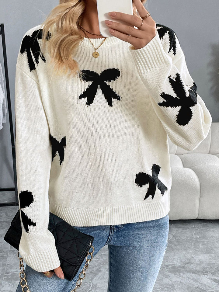 Perfee Bow Graphic Round Neck Long Sleeve Sweater Trendsi