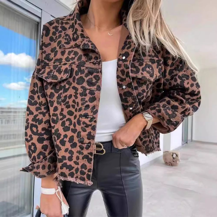 Women's Leopard Print Jacket With Pocket Y2K Fashion Lapel Single-breasted Denim Overcoat Q2