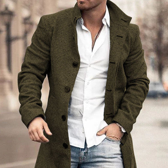 Autumn And Winter Men's Woolen Stand Collar Medium Long Pocket Casual Coat Q2