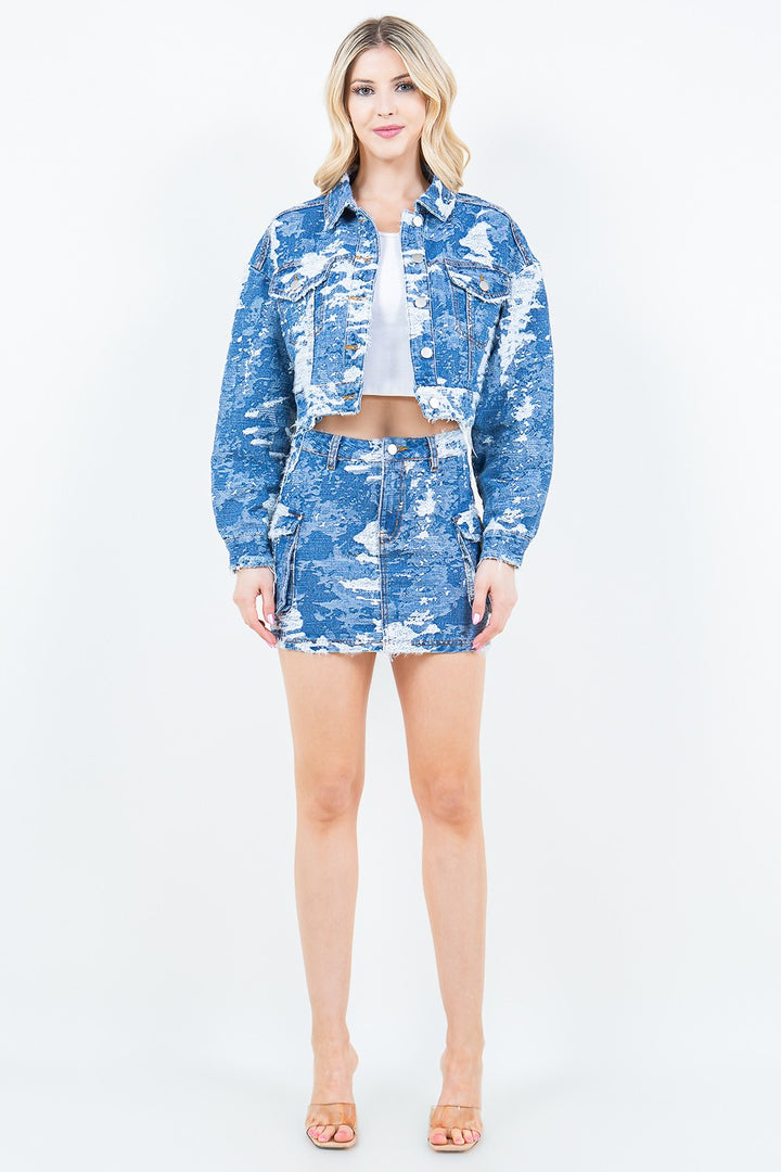 American Bazi Jacquard Trim Cropped Denim Jacket Trendsi