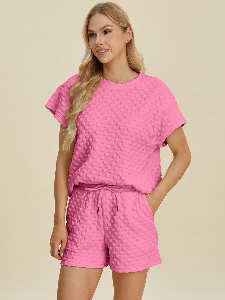 Double Take Full Size Texture T-Shirt and Shorts Set Trendsi