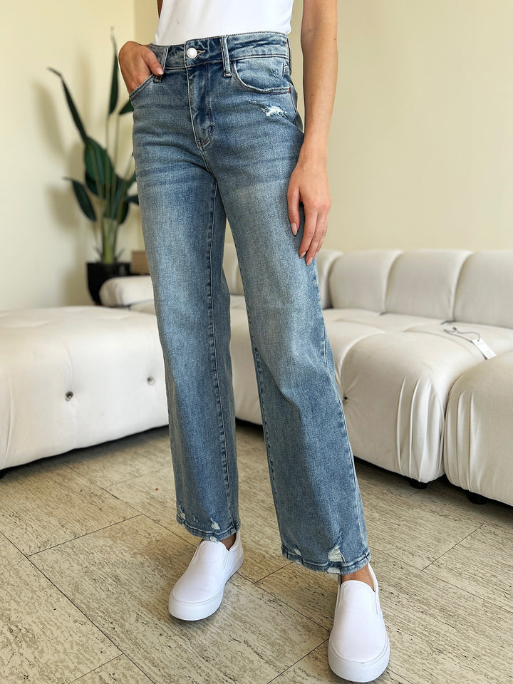 Judy Blue Full Size Mid Rise Distressed Straight Jeans Trendsi