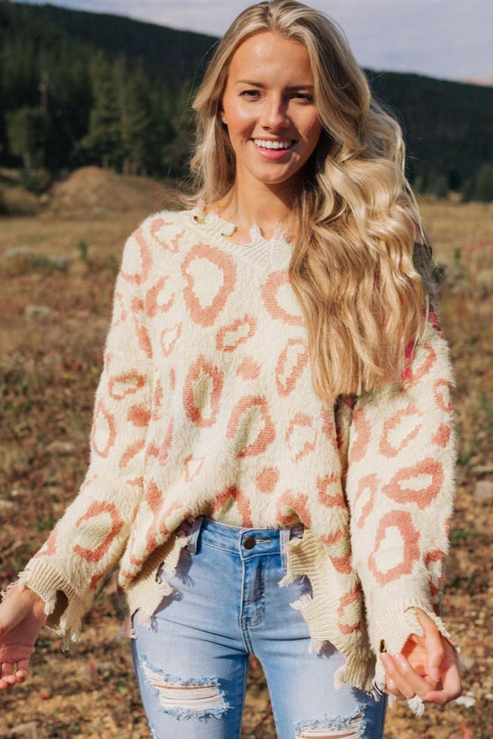 Distressed Trim Leopard V-Neck Sweater Trendsi