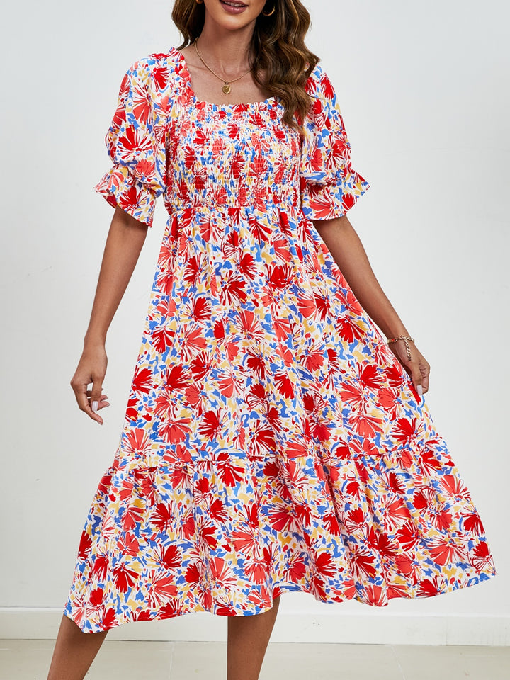 Smocked Floral Square Neck Short Sleeve Dress Trendsi