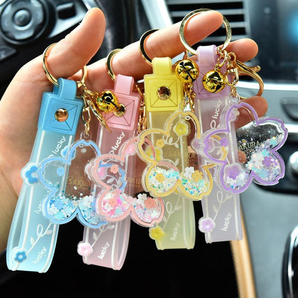 Cartoon Quicksand Cherry Blossom Keychain Acrylic Transparent Flower Oil Drift Bottle Bag Pedants Hangings - Super Amazing Store