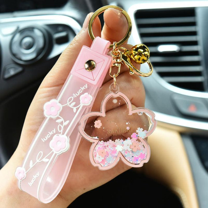 Cartoon Quicksand Cherry Blossom Keychain Acrylic Transparent Flower Oil Drift Bottle Bag Pedants Hangings - Super Amazing Store