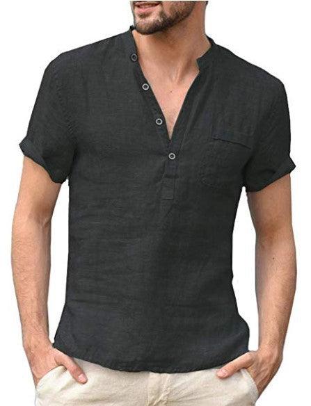 Casual Linen Solid Color Shirt Button V Neck Beach Shirt Men Summer Tops - Super Amazing Store