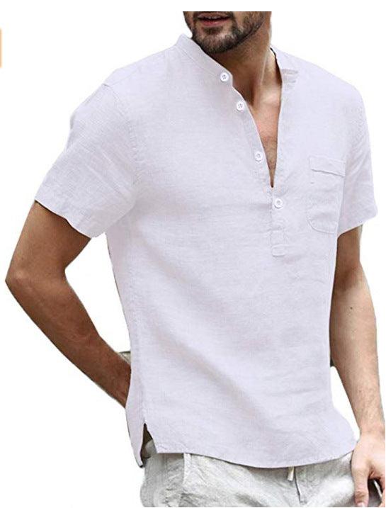 Casual Linen Solid Color Shirt Button V Neck Beach Shirt Men Summer Tops - Super Amazing Store