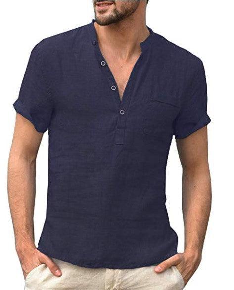 Casual Linen Solid Color Shirt Button V Neck Beach Shirt Men Summer Tops - Super Amazing Store