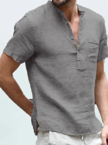 Casual Linen Solid Color Shirt Button V Neck Beach Shirt Men Summer Tops - Super Amazing Store