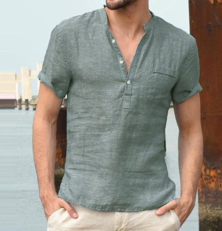 Casual Linen Solid Color Shirt Button V Neck Beach Shirt Men Summer Tops - Super Amazing Store