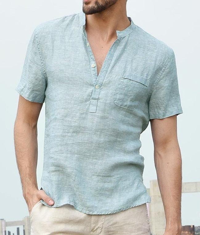 Casual Linen Solid Color Shirt Button V Neck Beach Shirt Men Summer Tops - Super Amazing Store