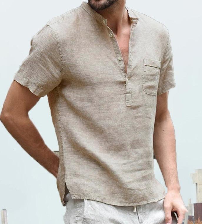 Casual Linen Solid Color Shirt Button V Neck Beach Shirt Men Summer Tops - Super Amazing Store