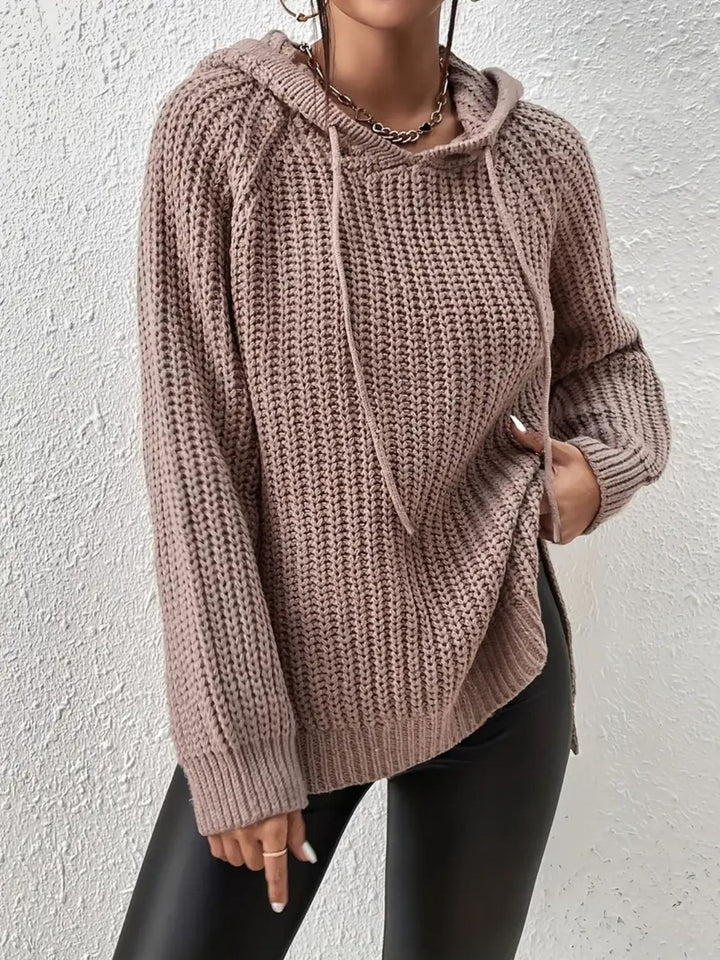 High-Low Side Slit Drawstring Long Sleeve Hooded Sweater Trendsi