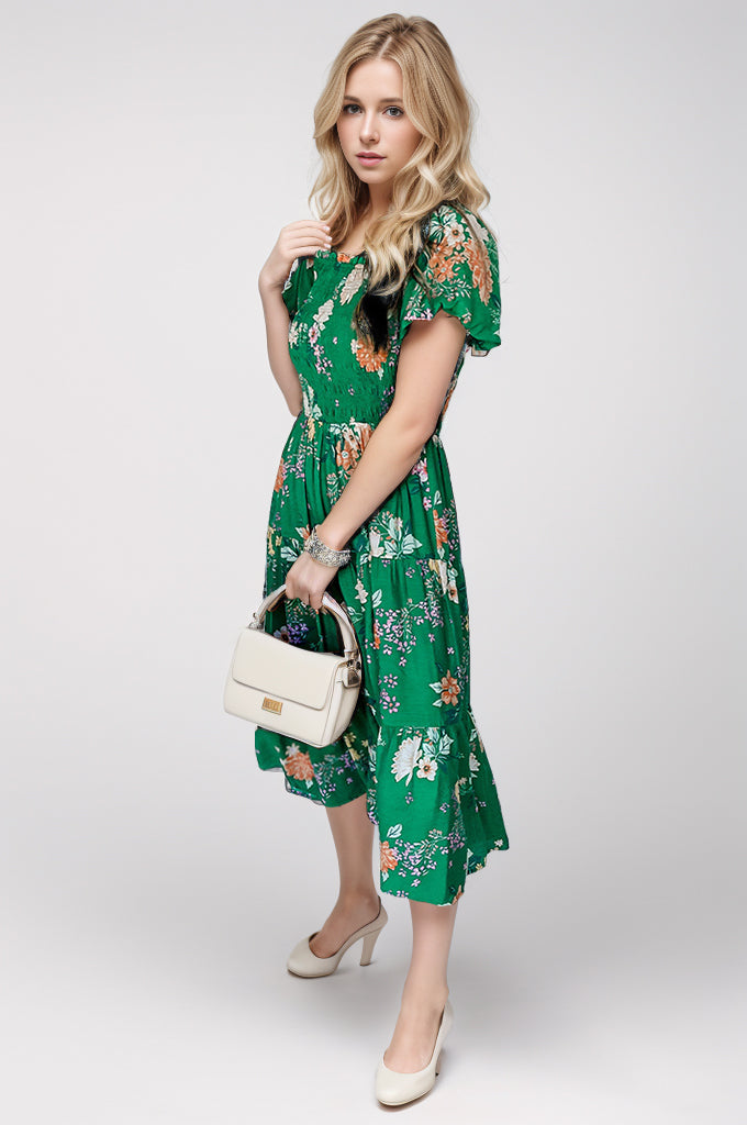 Smocked Printed Puff Sleeve Midi Dress Trendsi