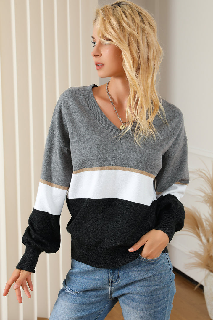 Color Block V Neck Long Sleeve Sweater Trendsi