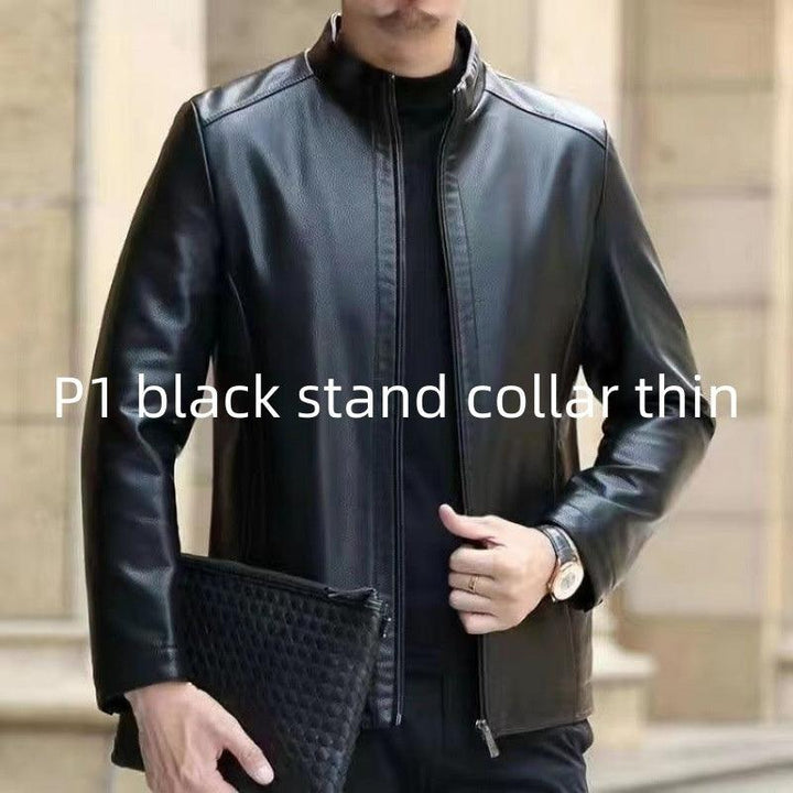 Leather Jacket For Middle-aged Men Leather Clothing With Stand Collar Men Fleece-lined-Super Amazing Store