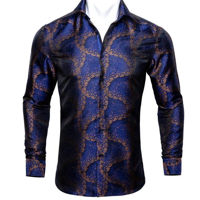 Barry.Wang Teal Paisley Floral Silk Shirts Men Autumn Long Sleeve Casual Flower Shirts For Men Designer Fit Dress Shirt BCY-05 - Super Amazing Store