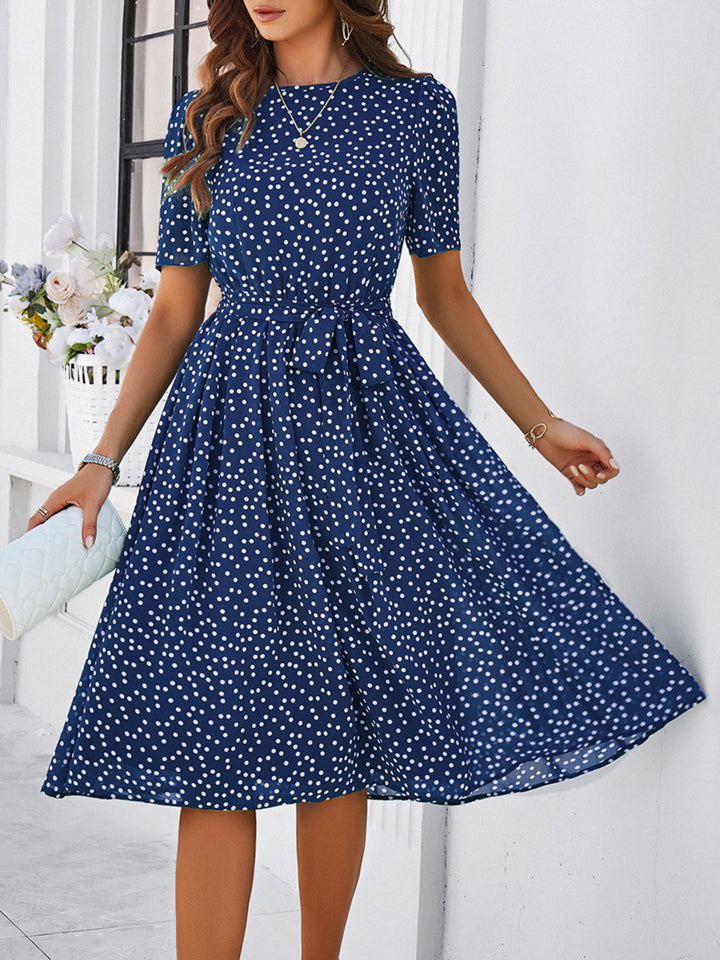 Printed Round Neck Short Sleeve Dress Trendsi