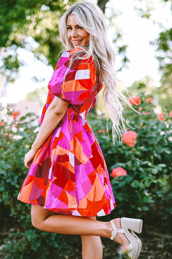 Printed Square Neck Puff Sleeve Dress Trendsi