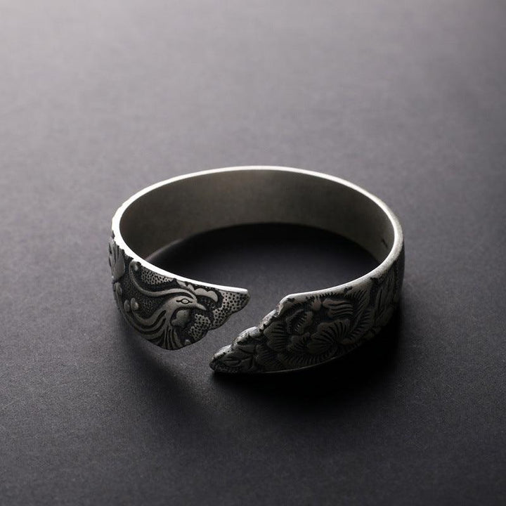 S999 Pure Silver Phoenix Peony Wide Side Thai Silver Matte Retro Ethnic Style Bracelet Women - Super Amazing Store