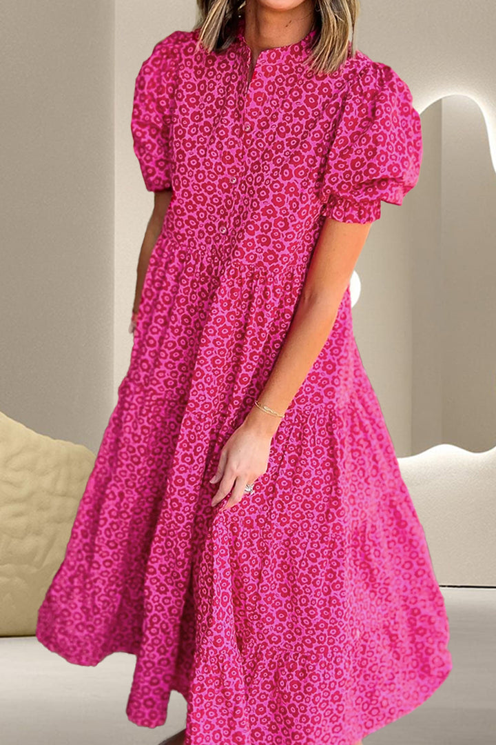 Printed Notched Puff Sleeve Midi Dress Trendsi