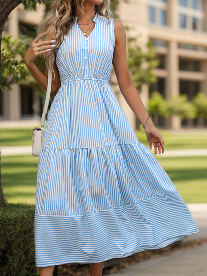 Striped Notched Sleeveless Midi Dress Trendsi