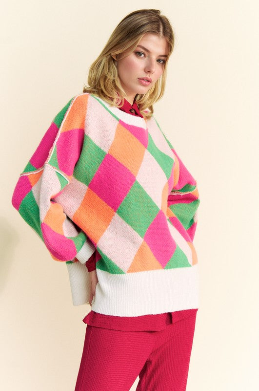 Davi & Dani Exposed Seam Color Block Dropped Shoulder Sweater Trendsi