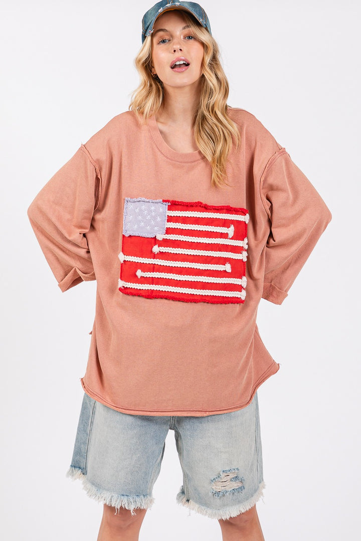 SAGE + FIG Full Size American Flag Patch Drop Shoulder T-Shirt Trendsi