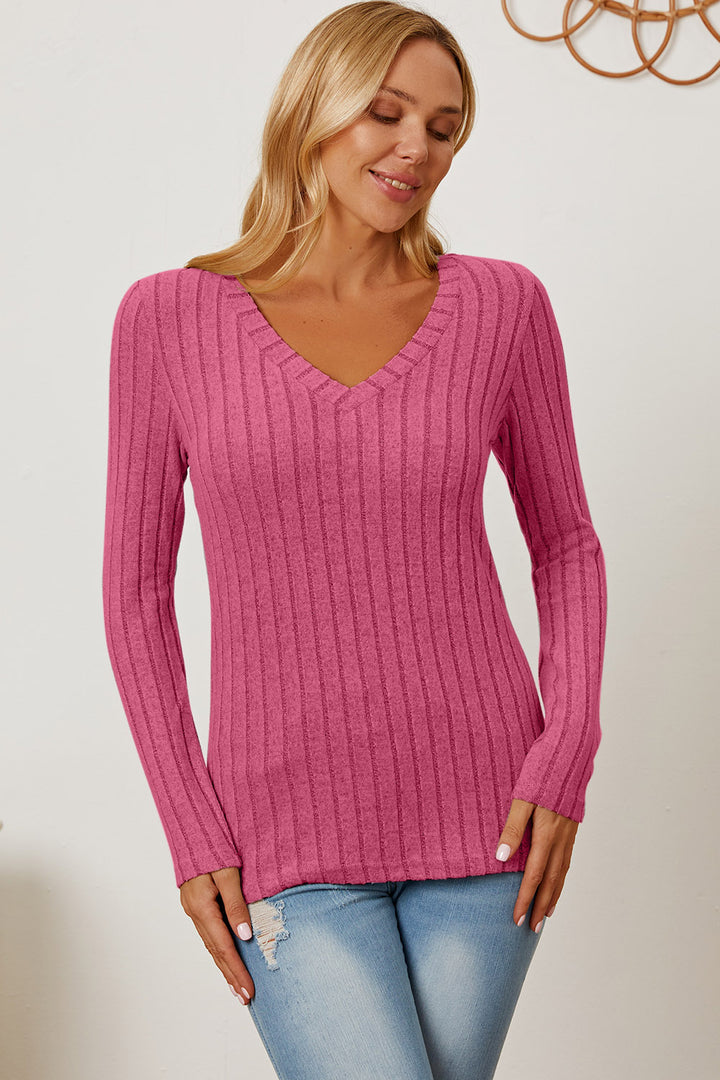 Basic Bae Full Size Ribbed V-Neck Long Sleeve T-Shirt Trendsi