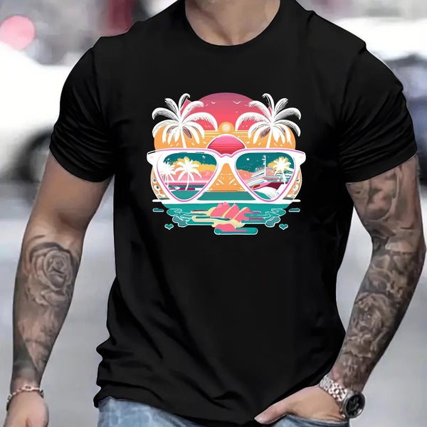 Coconut Tree Sunglasses Print, Men's Round Neck Short Sleeved Shirt, Casual And Comfortable Breathable Top For Spring And Summer Vacation, Men's Casual Vacation As A Gift Super Amazing Store