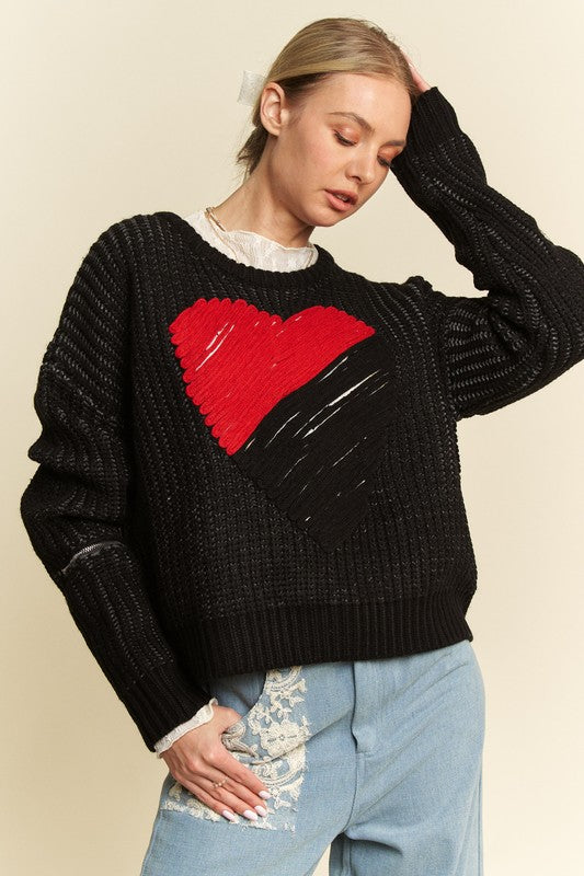 Davi & Dani Contrast Heart Dropped Shoulder Sweater Trendsi