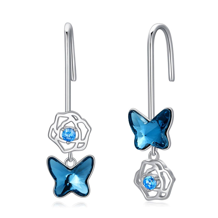 Butterfly Earrings 925 Sterling Silver Drop Earring Elegant Blue Crystal Butterflies Wings Dangle Earring Cute Flower Jewelry Birthday Gift - Super Amazing Store