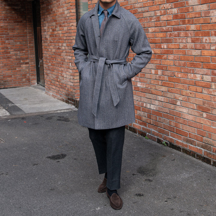 Men's Herringbone Wool Slim Fit Mid Length Coat Q2