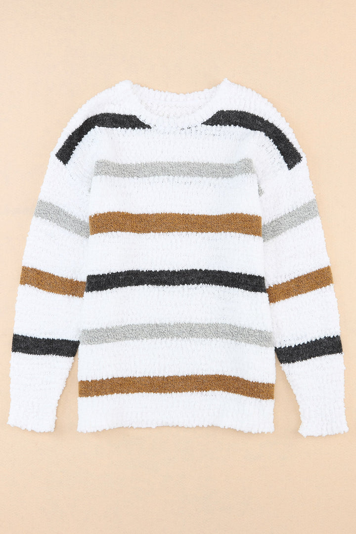 Striped Round Neck Dropped Shoulder Sweater Trendsi